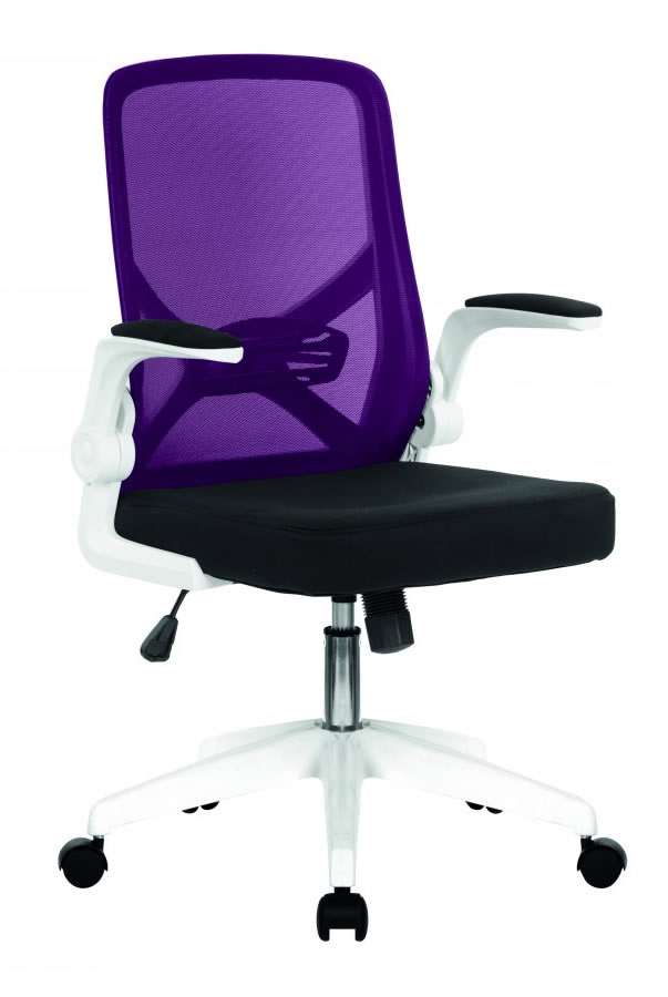 View Oyster Purple Mesh Folding Back Office Chair Folding Padded Arms Height Adjustable Seat White Modern Frame Lumbar Panel Easy Glide Wheels information
