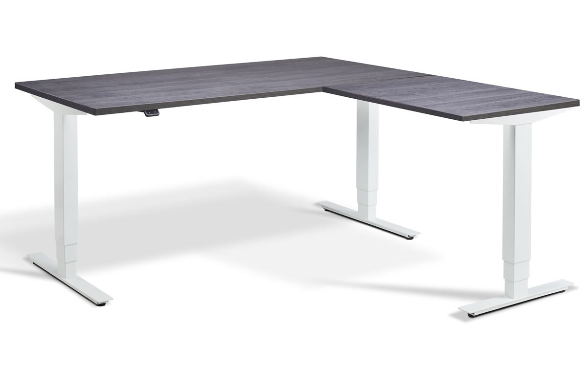 View Anthracite Sherman Oak Corner Height Adjustable Standing Home Office Study Desk Triple Motor System 160cm x 160cm Silver Finish Steel Frame information