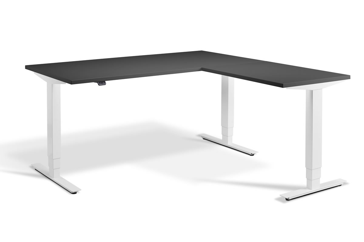 View Graphite Grey Corner Height Adjustable Standing Home Office Study Desk Triple Motor System 160cm x 160cm White Finish Steel Frame Advance information