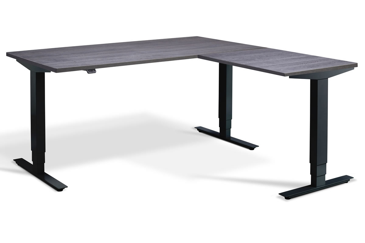 View Grey Oak Corner Height Adjustable Standing Home Office Study Desk Triple Motor System 160cm x 160cm Black Finish Steel Frame Advance information