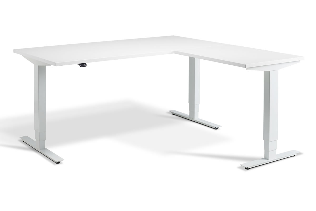 View White Corner Height Adjustable Standing Home Office Study Desk Triple Motor System 160cm x 160cm Silver Finish Steel Frame Advance information