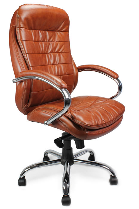 View Executive Tan Leather Pillow Topped Office Chair High Deeply Padded Reclining Backrest Chrome Padded Arms Height Adjustable Seat Winston information