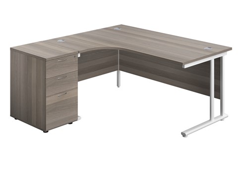 Kestral Grey Oak Corner Desk And Pedestal - Left handed White 1600mm