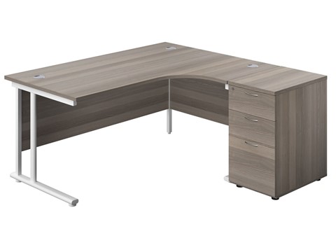 Kestral Grey Oak Corner Desk And Pedestal - Right Handed White 1600mm