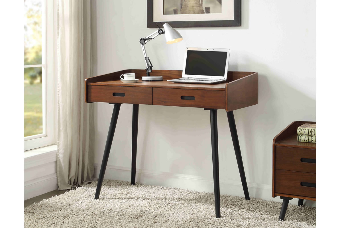 View Dark Walnut Wooden Rectangular Desk Two Storage Drawers Curved Design Turned Spindle Legs Vienna information