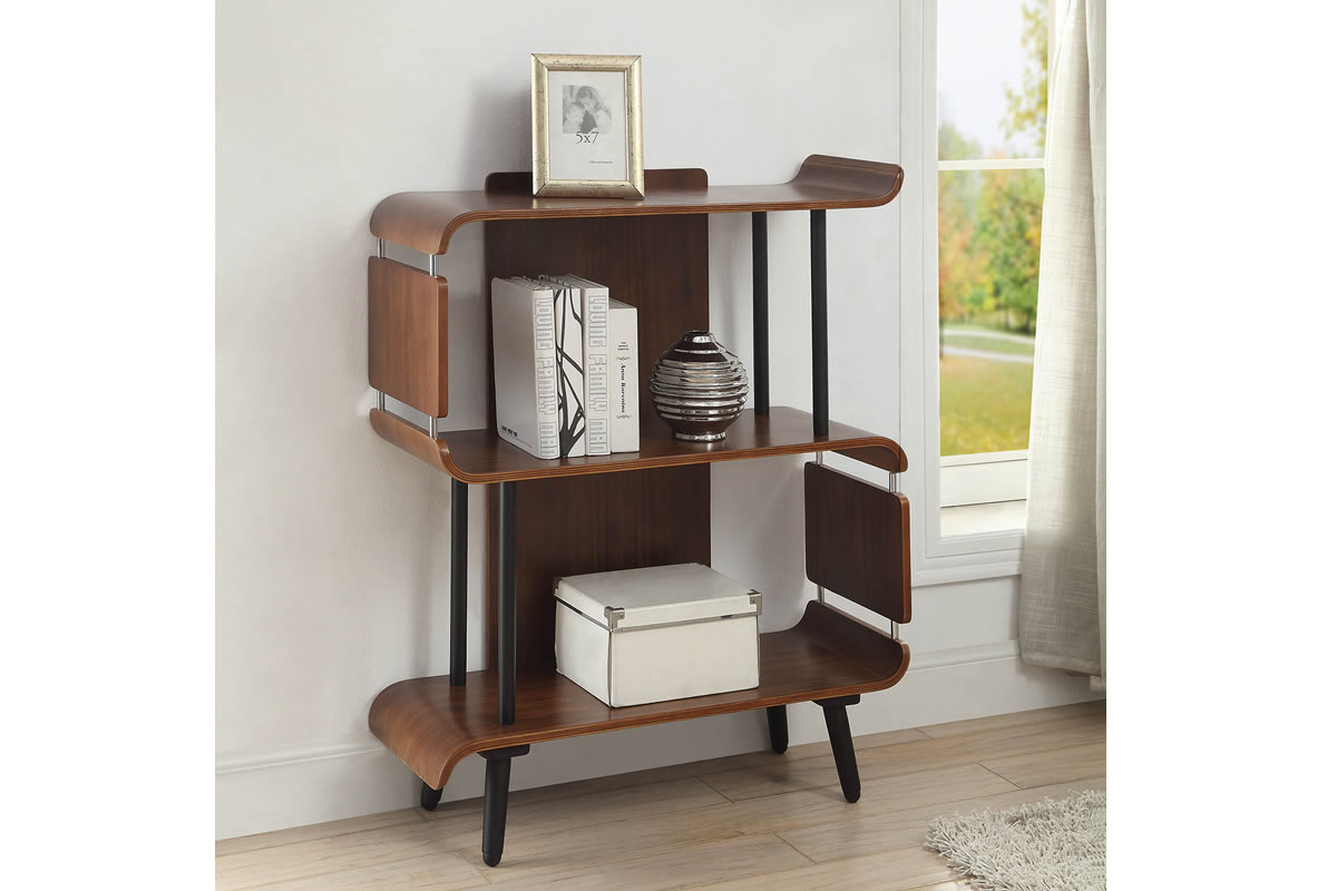 View Modern Dark Walnut Wooden Three Shelf Home Study Book Case Curved Retro Design With Turned Spindle Tapered Legs Jual Vienna information