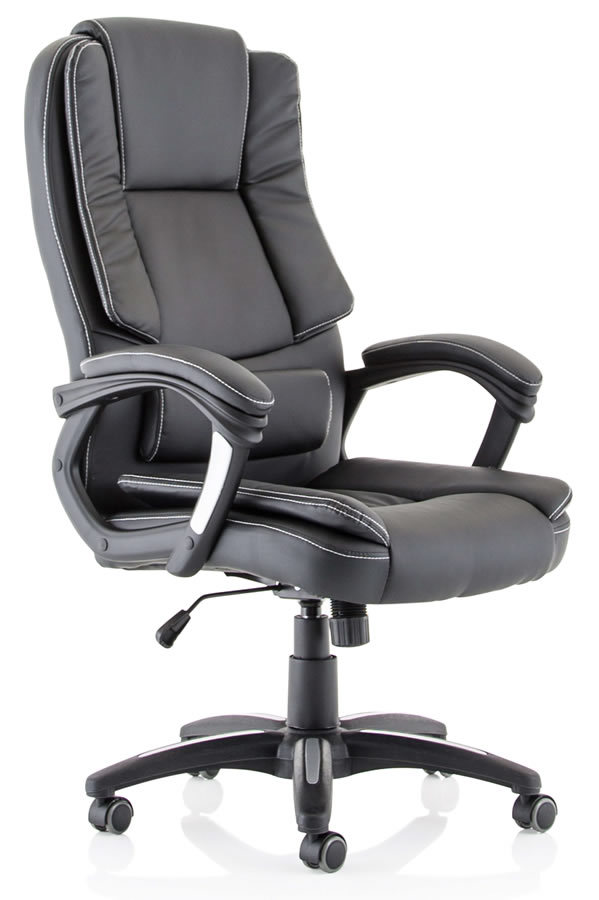View Dakota Black Leather Office Chair High Back Executive Chair Deeply Padded Reclining Backrest Padded Loop Arms Heavy Duty White Stitching information