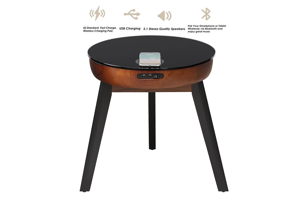 View Wooden Round Smart Speaker And Charging Lamp Table Oak or Walnut Turned Spindle Legs San Francisco information