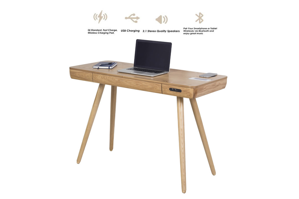 View Light Oak Wooden Smart Speaker Charging Desk Wireless Charging Pad Bluetooth Speakers Turned Spindle Legs San Francisco information