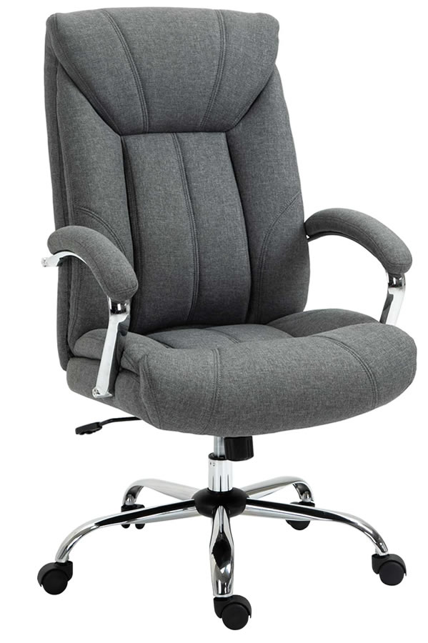 View Grey Linen Deeply Padded Upholstered High Back Office Chair High Backrest Chrome Swivel Base Padded Armrests Vanquish information