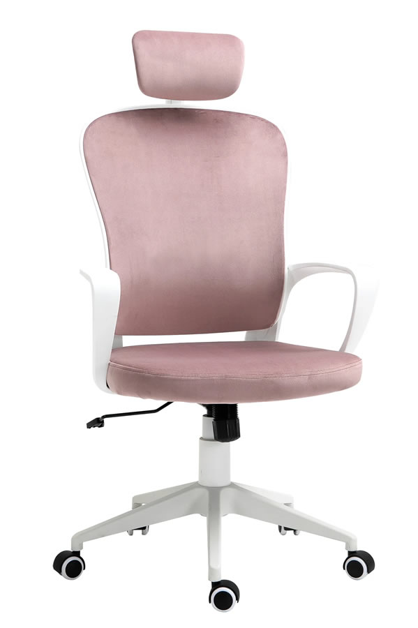 View Modern High Back Pink Velvet Office Chair Wide Deeply Padded Seat Adjustable Headrest Atomic information