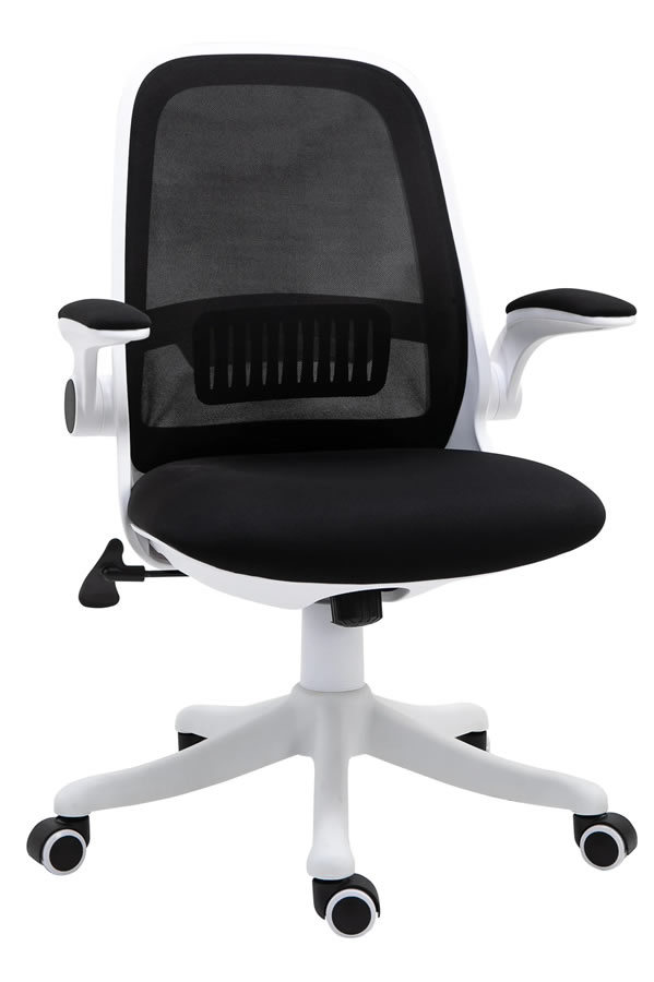 View Black Mesh Office Chair Modern Contrasting White Frame Large Padded Seat Lifting Armrests Integral Lumber Support Vanguard information