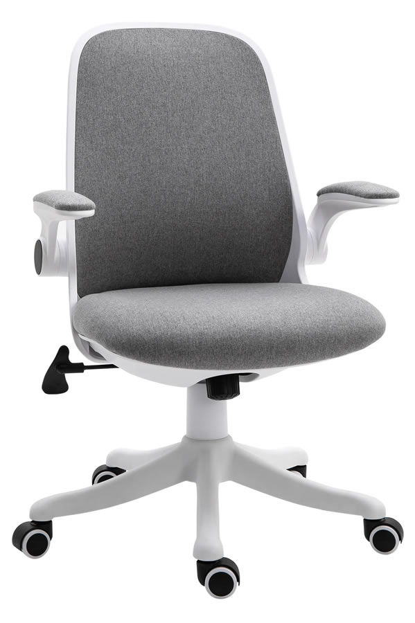 View Grey Upholstered Office Chair Modern Contrasting White Frame Large Padded Seat Lifting Armrests Integral Lumber Support Vanguard information