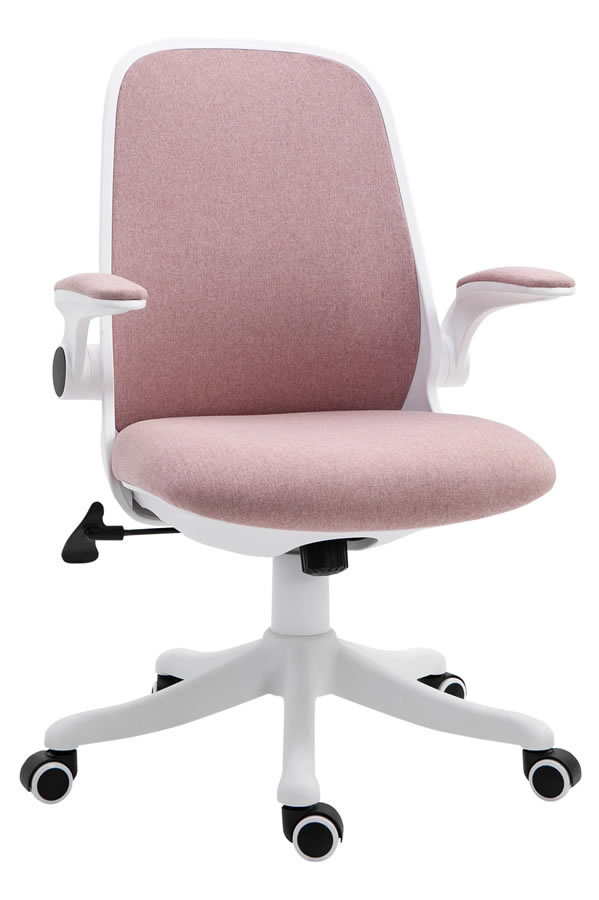 View Pink Upholstered Office Chair Modern Contrasting White Frame Large Padded Seat Lifting Armrests Integral Lumber Support Vanguard information
