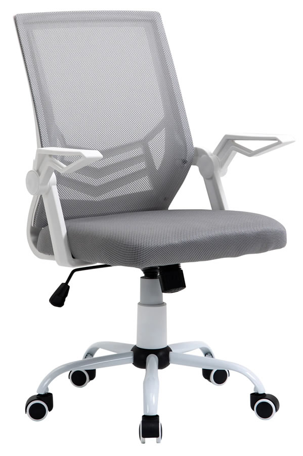 View Grey Mesh Office Chair Modern Deeply Padded Chair Contrasting White Frame Integral Lumber Support Flip Up Armrests Elise information