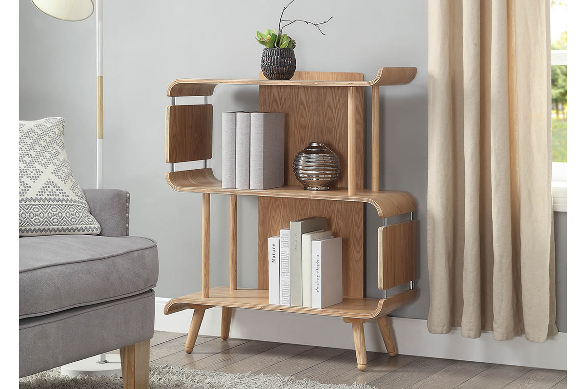 View Modern DLight Oak Wooden Three Shelf Home Study Book Case Curved Retro Design With Turned Spindle Tapered Legs Jual Vienna information