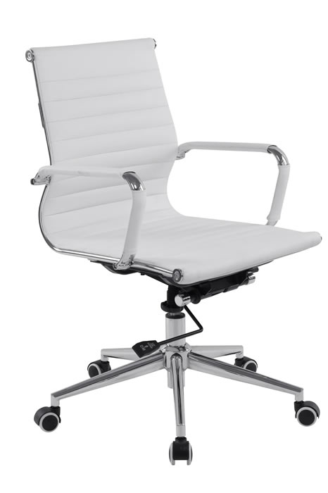 View White Leather Modern Contemporary Office Chair Chrome Loop Arms Chrome Frame Base Easy Glide Wheels Aura information