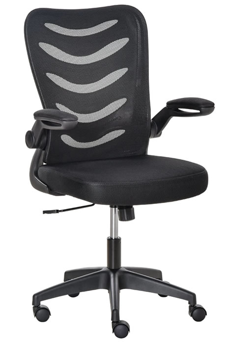 View Black Mesh Home Office Task Computer Chair Curved Backrest With Breathable Fabric Fold Away Arms Seat Height Adjustment Easy Roll Wheels information