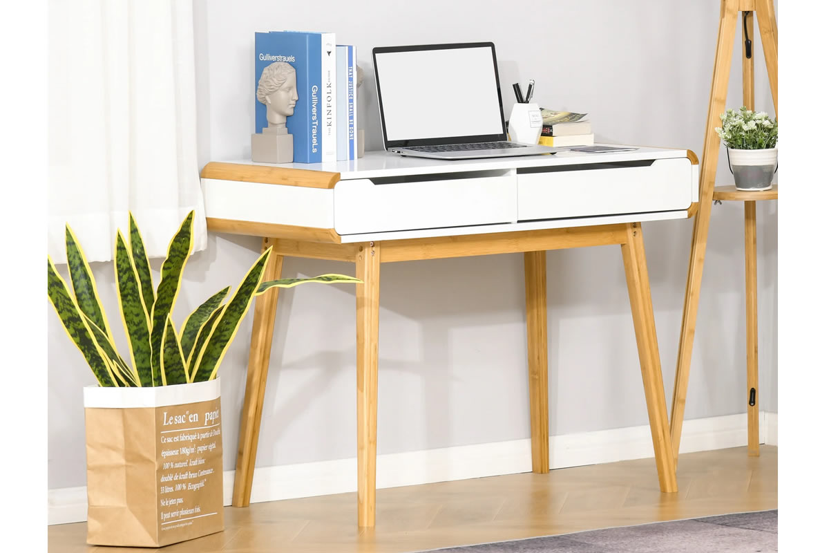 View White Wooden Laptop Writing Desk Two Storage Drawers with groove handle and a wide worktop Bamboo corners for extra protection Four angled legs information