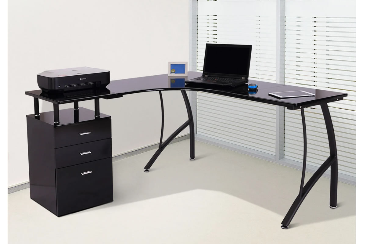 View Modern Black L Shaped Corner Workstation Compact Student Study Desk Desk With 3 Drawer Pedestal Storage Drawers 2 Box 1 Filer Drawers Alice information