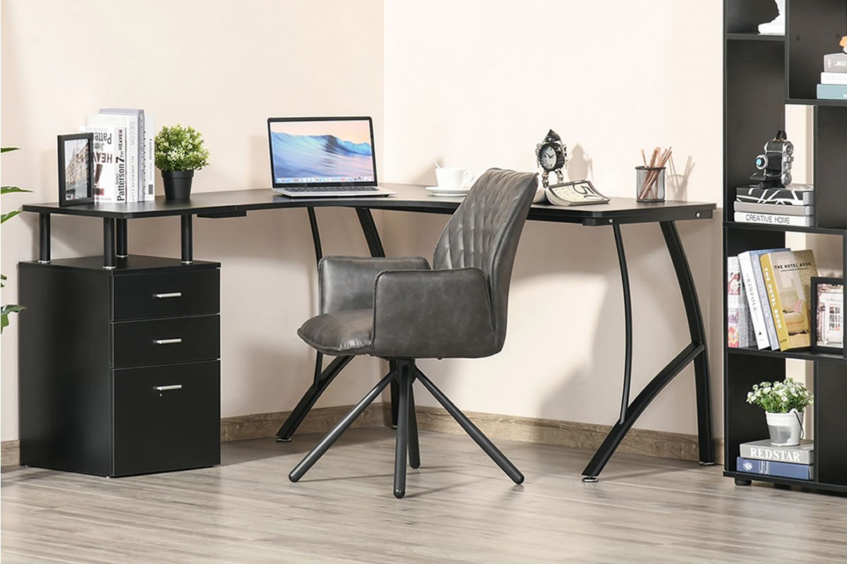 Black L Shaped Corner Desk With Storage Drawers Alice