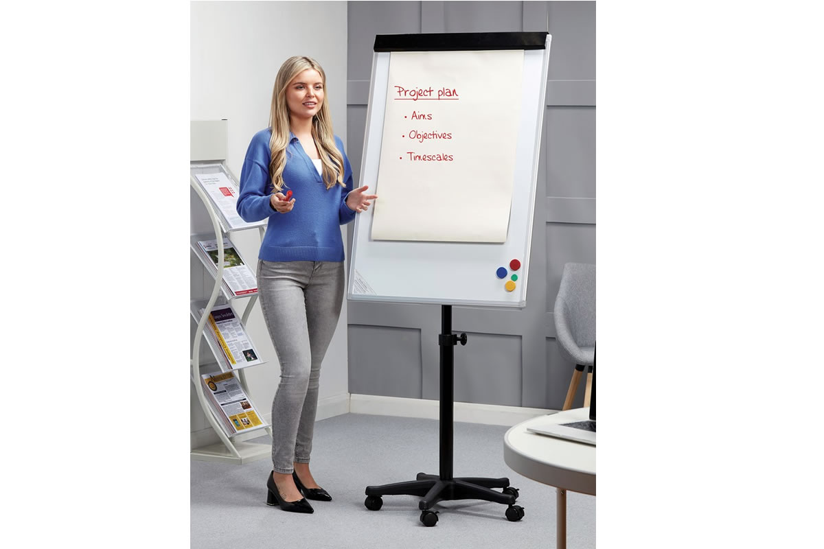 View Mobile Portable Display Writing Easel Portable 5 Star Base On Wheels Magnetic Board Surface Adjustable Height information