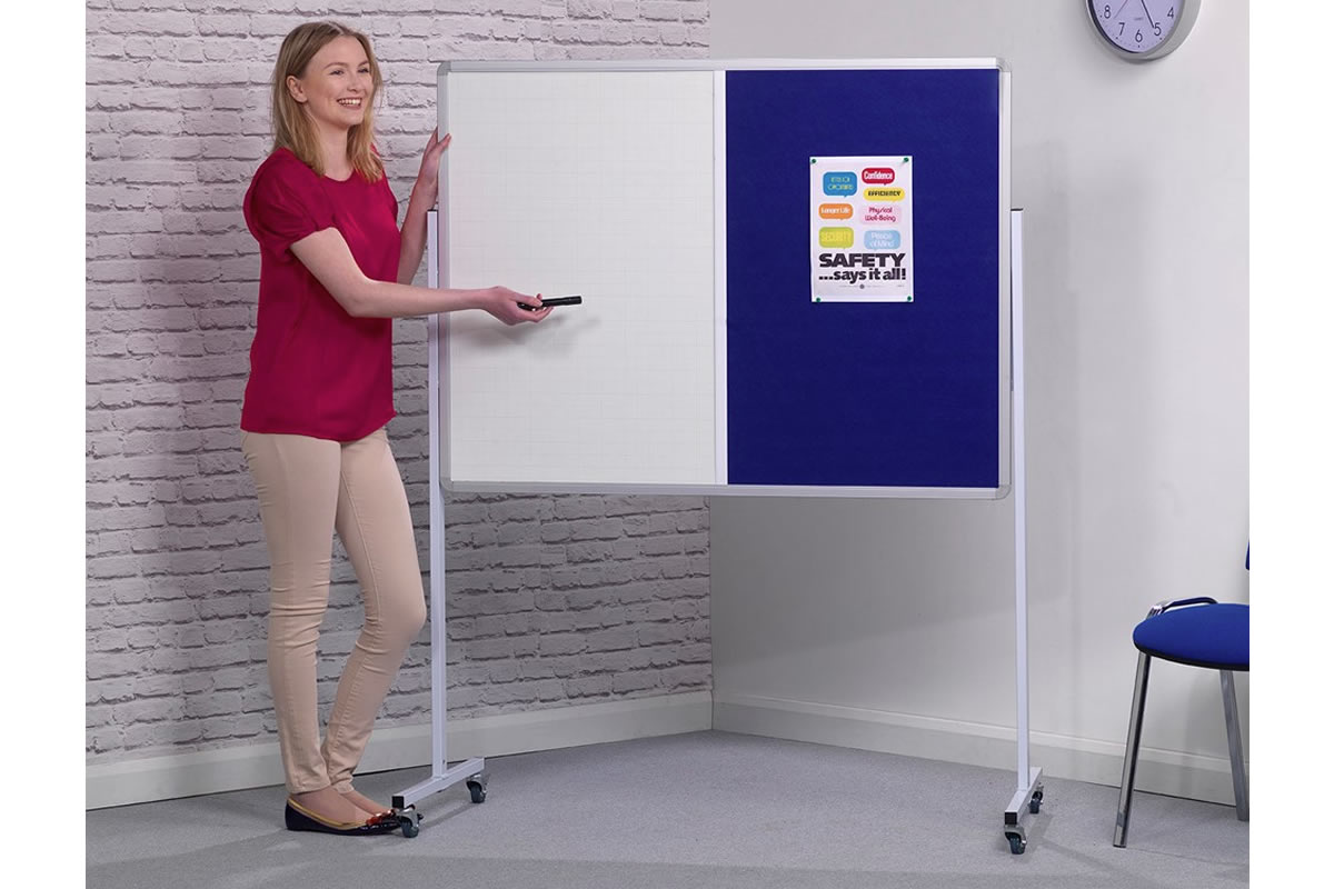 View Blue Fabric Mobile White Board With Noticeboard on Stand 1800mm x 1200mm Felt Pin Noticeboard With Whiteboard For Home Office With Stand information