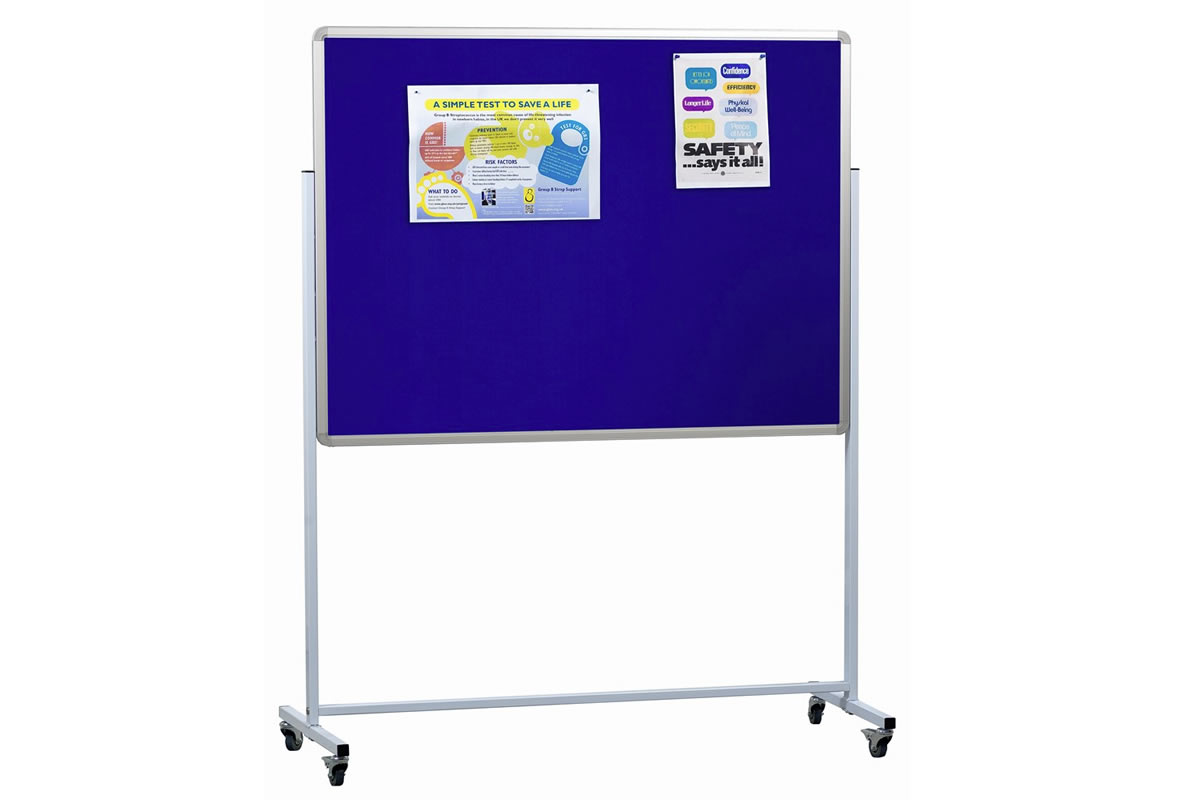 View Blue Fabric 1200 x 900mm Aluminium Frame Double Sided Landscape Mobile Pinboard Mobile Noticeboard Aluminium Frame White Steel Frame information