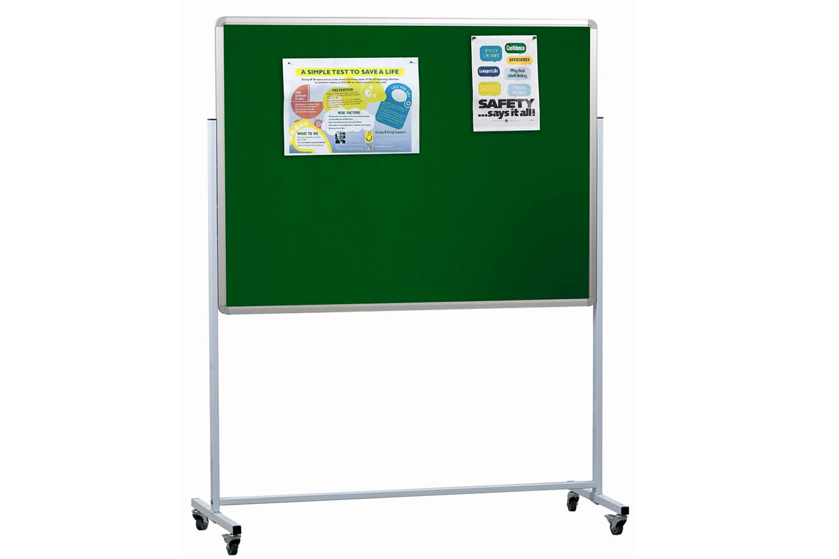 View Green Fabric 1800 x 1200mm Aluminium Frame Double Sided Landscape Mobile Pinboard Mobile Noticeboard Aluminium Frame White Steel Frame information