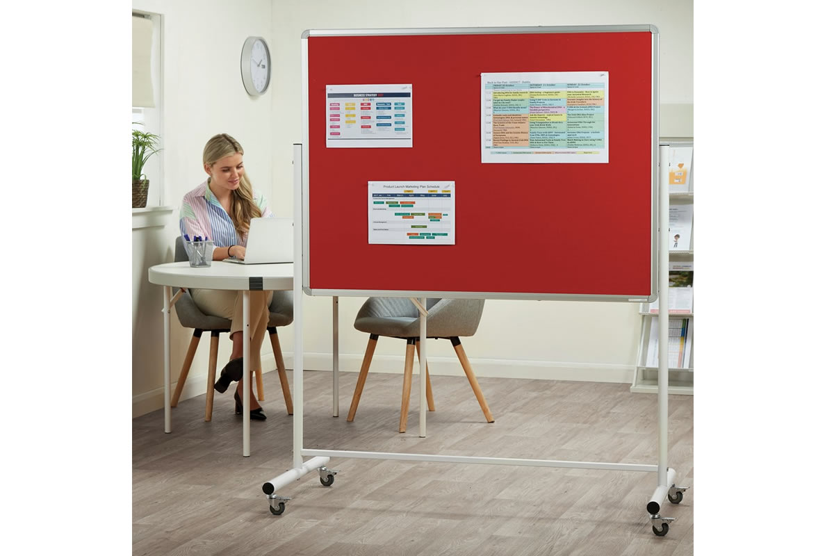 View Red Fabric 1800 x 1200mm Aluminium Frame Double Sided Landscape Mobile Pinboard Mobile Noticeboard Aluminium Frame White Steel Frame information