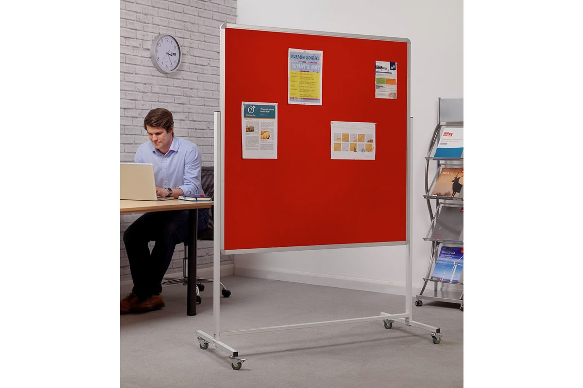 View Red Mobile Flipchart Combination Noticeboard Felt Noticeboard Dry Wipe Noticeboard 1200mm x 1200mm Easy Glide Wheels 3 Colours 4 Sizes information