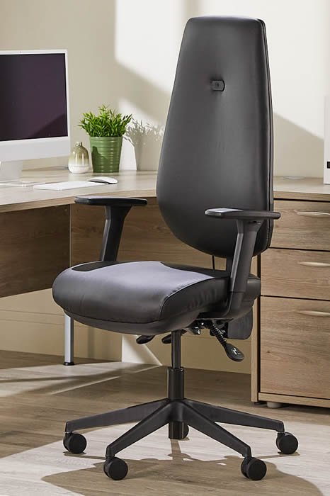 View Black Vegan Leather Ergo Sync Tall High Back Office Chair Tested To 28 Stones Height Adjustable Reclining Backrest 5Year Guarantee Ergo Sync information