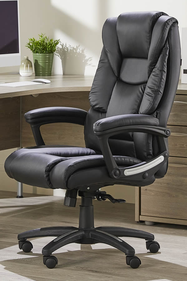View Black High Black Leather Executive Office Chair Deeply Double Padded Seat Backrest Loop Arms Seat Height Adjustment Tilting Back Washington information