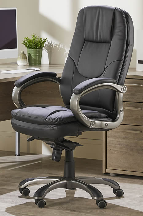 View Michigan Heavy Duty Black Leather Office Chair Executive High Back Double Cushioned Gun Metal Finish Padded Loop Arms Synchronised Tilt information