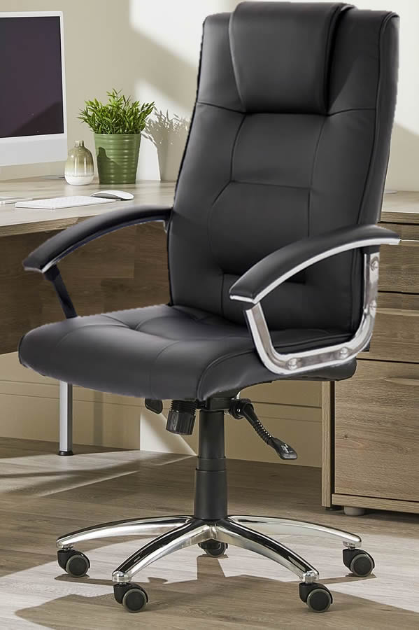 View Loughborough Black Leather Manager Office Chair High Backed Lumbar Support Padded Headrest Padded Arms Chrome Frame information