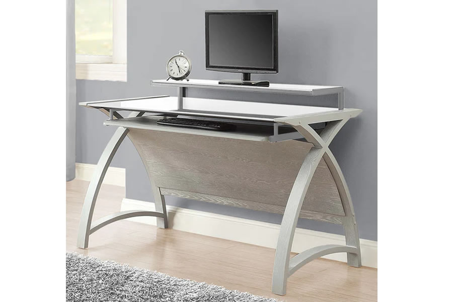 View Contemporary Grey Home Office Curved Workstation Computer Desk With Glass Top 130cm Width Grey Frame With White Desk Surface Jual information