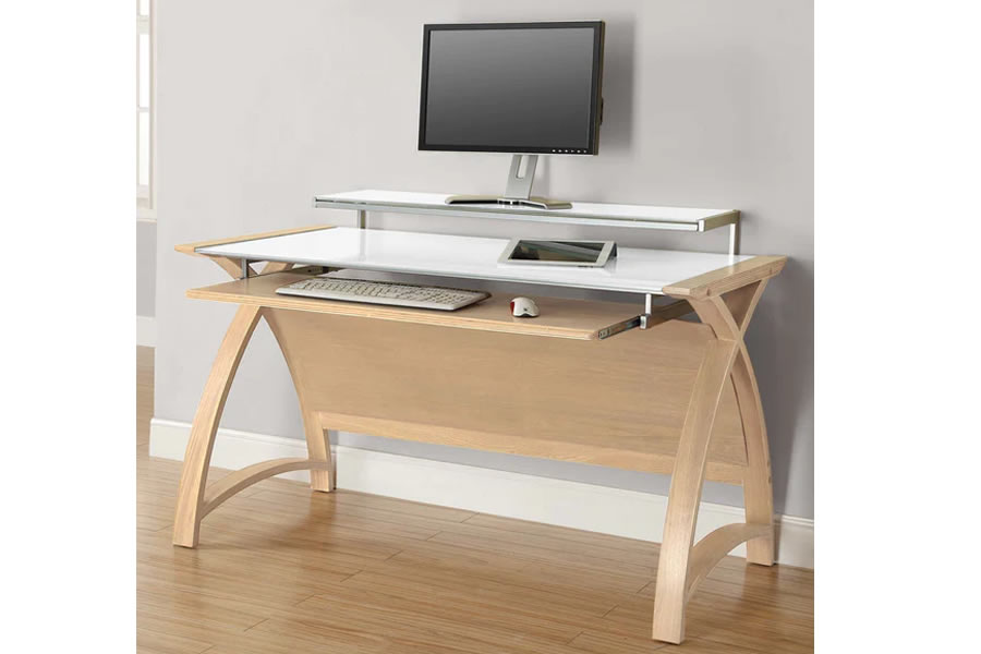View Contemporary Oak Home Office Curved Workstation Computer Desk With Glass Top 90cm Width Oak Frame With Glass Frosted Desk Surface Jual information
