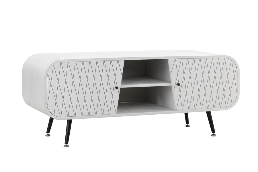 View White Deco Styled TV Stand With Two Cupboards And Space For Top Box Diamond Cut Patterened Doors Tapered Legs information
