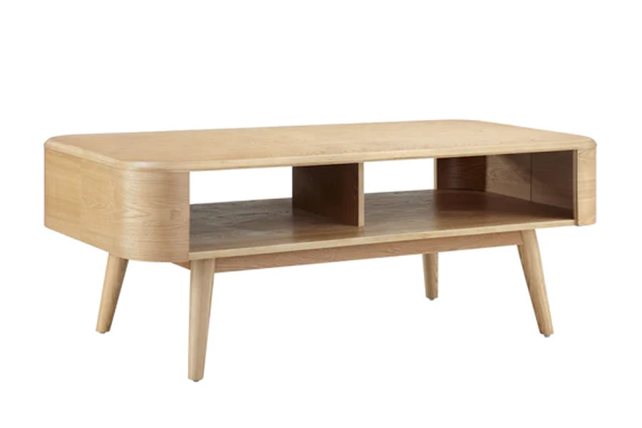 View Oak Veneer Rectangular Modern Scandinavian Styled Wooden Coffee Table Curved Rounded Ends With Tapered Spindle Legs Open Storage Space Oslo information