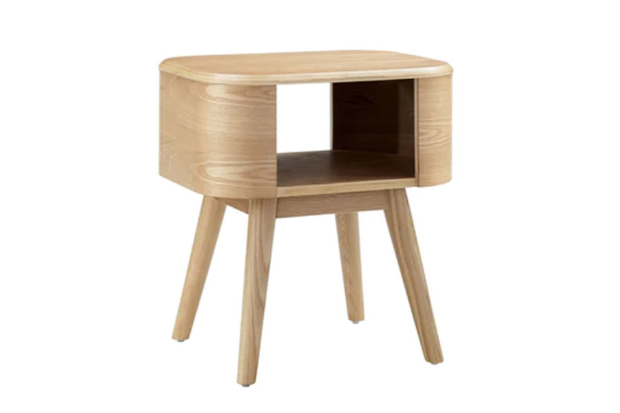 View Modern Oak Veneer Wooden Lamp Bedside Occasional Table Rounded Curved Edges With Open Storage Space Spindle Tapered Legs Oslo Jual information