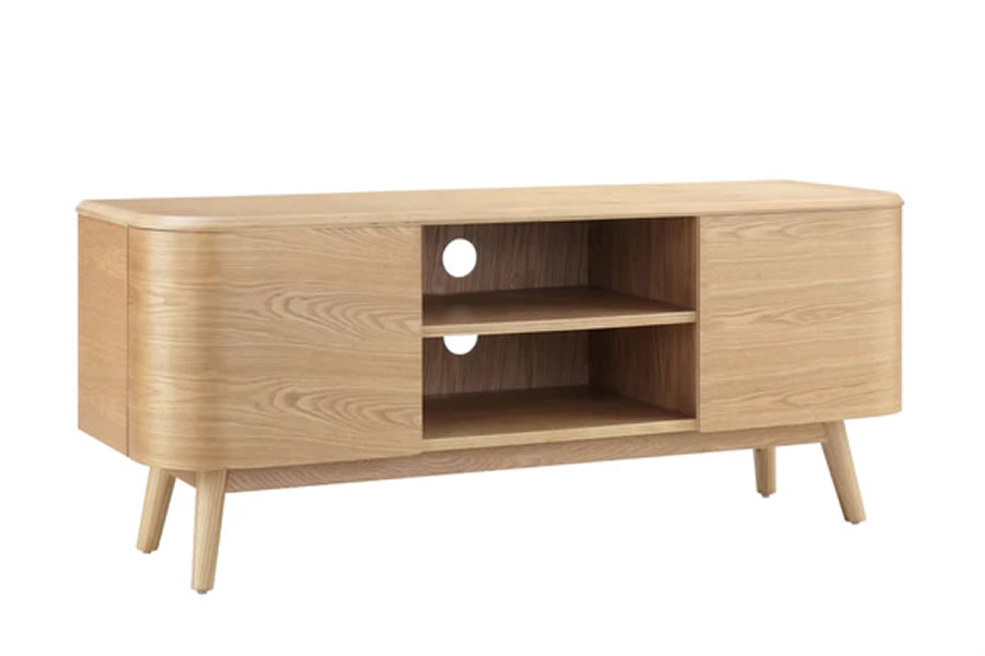 View Oak Veneer Rectangular Modern Scandinavian Styled Wooden TV Stand Curved Rounded Ends With Tapered Spindle Legs Cupboard Storage Space Oslo information