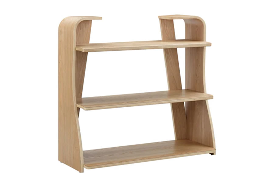 View Oak Veneer Modern Scandinavian Styled Wooden Three Shelf Bookcase Curved Rounded Ends With Open Storage Space Oslo information