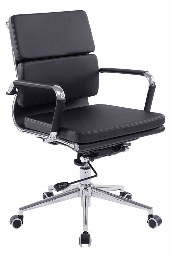 View Avanti Modern Black Leather Medium Back Office Chair Single Lever Height Back Recline Adjustment Chrome Arms Base Designer Style Office Cha information
