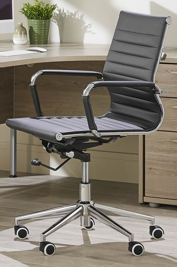 View Black Leather Modern Contemporary Office Chair Chrome Loop Arms Chrome Frame Base Easy Glide Wheels Aura information