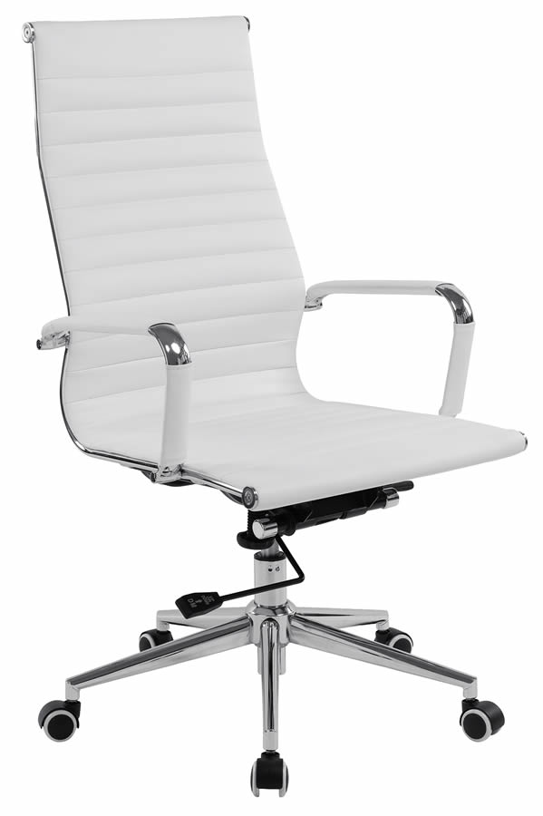 View Aura White Colour Modern High Back Slim Designer Office Chair Black Padded Faux Leather Robust Chrome Frame Easy Roll Wheels Chrome Arms information