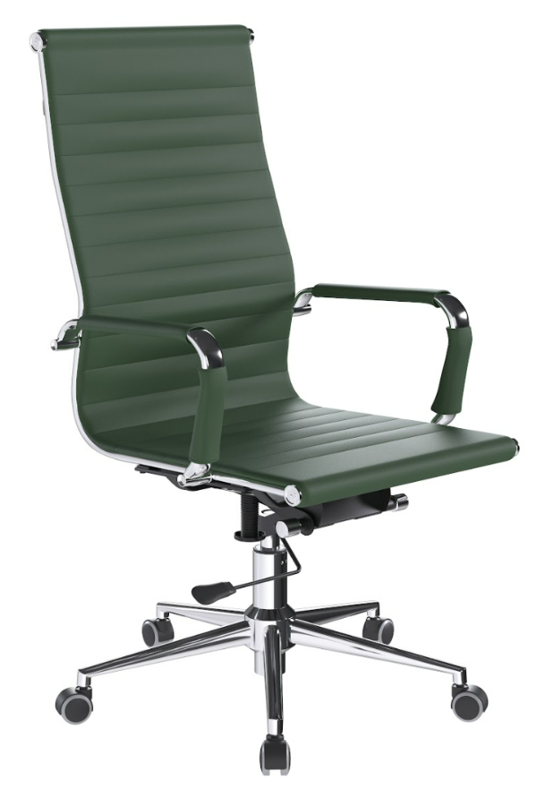 View Aura Racing Green Modern High Back Slim Designer Office Chair Black Padded Faux Leather Robust Chrome Frame Easy Roll Wheels Chrome Arms information