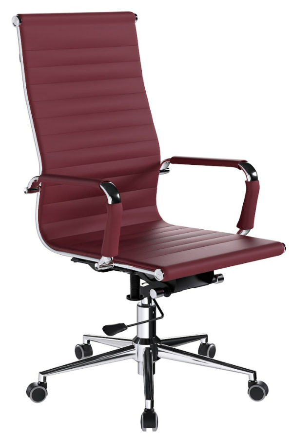 View Aura Plum Red Colour Modern High Back Slim Designer Office Chair Black Padded Faux Leather Robust Chrome Frame Easy Roll Wheels Chrome Arms information