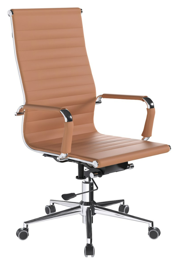 View Aura Tan Brown Colour Modern High Back Slim Designer Office Chair Black Padded Faux Leather Robust Chrome Frame Easy Roll Wheels Chrome Arms information