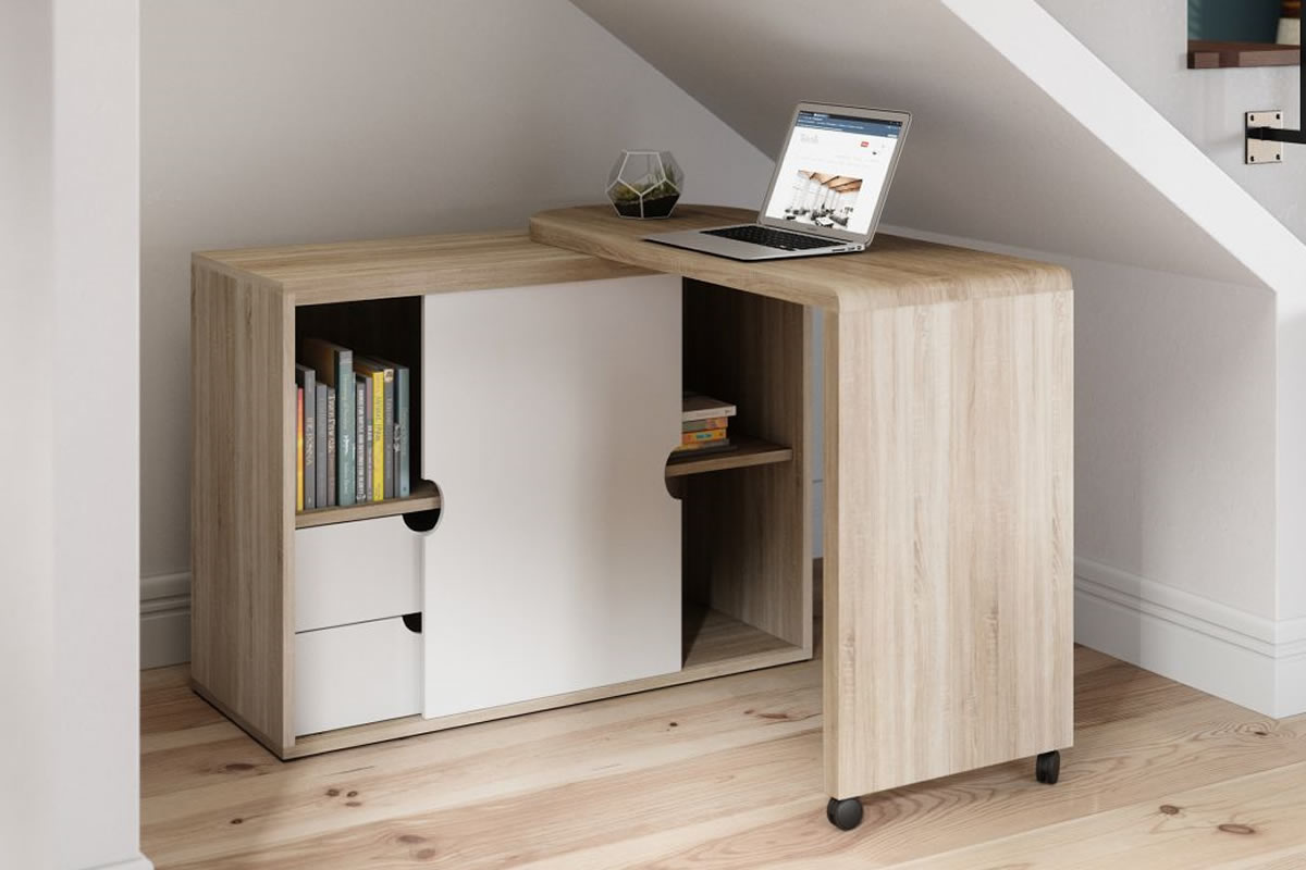 View Space Saving Home Office Desk With Storage Cupboard Drawers Student Study Laptop Desk Which Folds In To Store Away Oak White Finish Pivot information