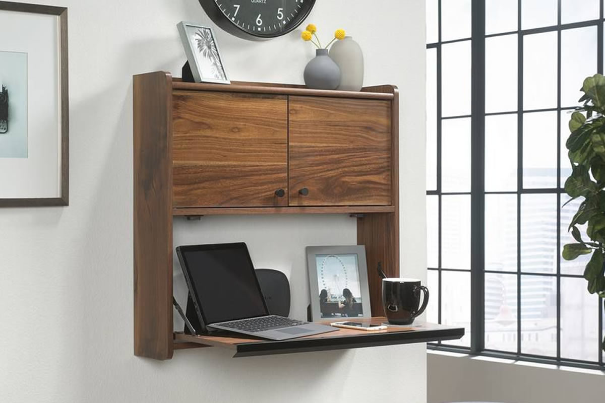 View Walnut Finish Wall Hanging Student Home Office Desk With Storage Cupboard Space Saving Design Two Door Storage Cupboard Hampstead information
